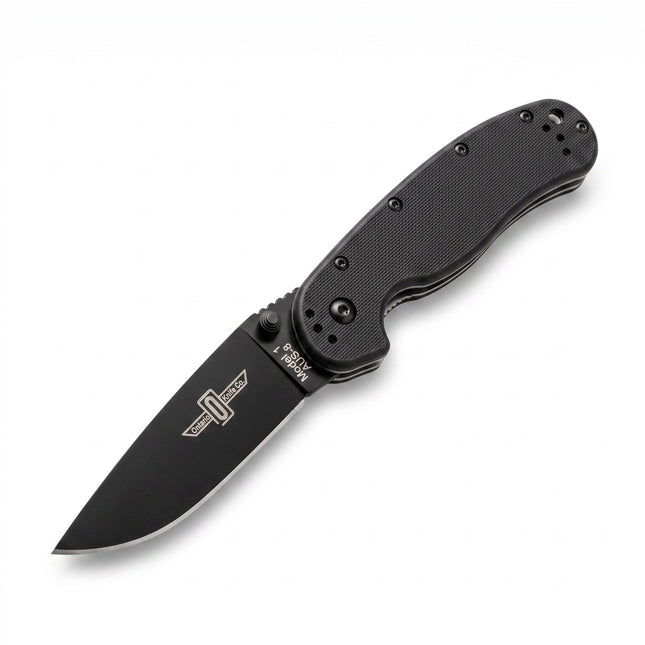 Razor Sharp AZ Ontario Rat 1 folding knife with a black plain edge blade and textured black handle