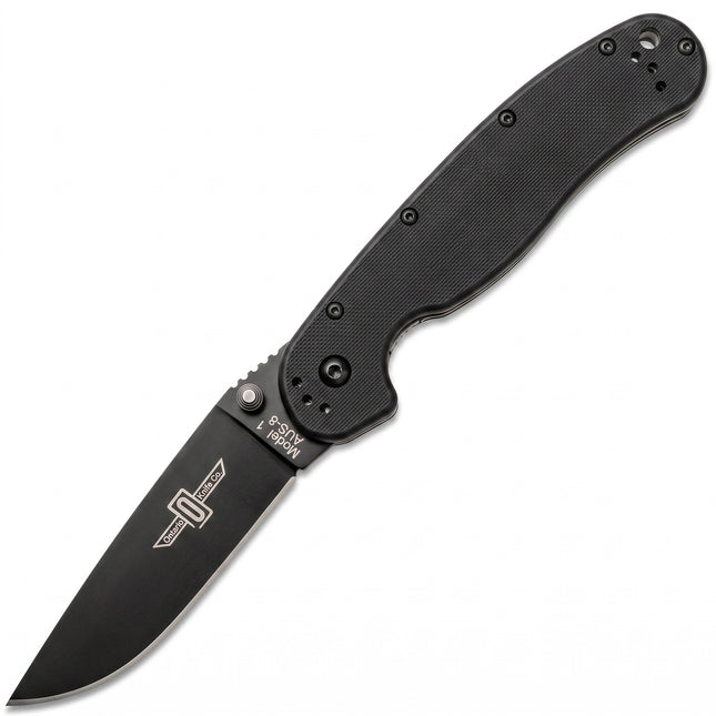 Razor Sharp AZ Ontario Rat 1 folding knife with a black plain edge blade and textured black handle for hunting