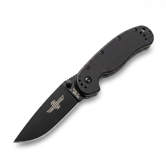 Razor Sharp AZ Ontario Rat 1 folding knife with a black plain edge blade and textured black handle