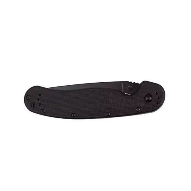 Razor Sharp AZ Ontario Rat 1 folding knife in black, shown in its closed position with a textured handle.