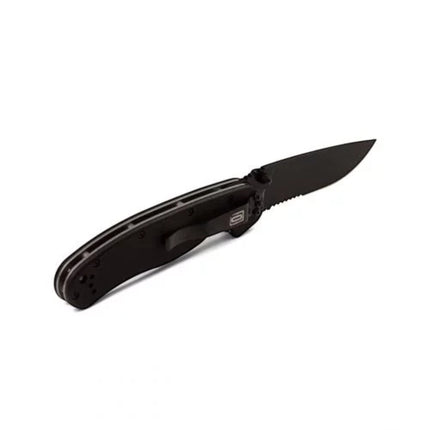 Razor Sharp AZ Ontario Rat 1 folding knife with a black serrated blade and ergonomic handle on a white background