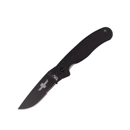 Razor Sharp AZ Ontario Rat 1 folding knife with a black handle and a partially serrated AUS-8 steel blade