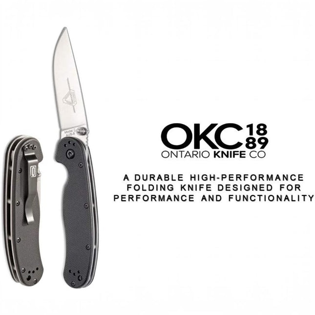 Razor Sharp AZ Ontario Rat II folding knife with a satin AUS-8 stainless steel blade and textured black nylon handle.