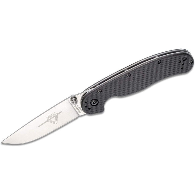 Razor Sharp AZ Ontario Rat II folding knife with a satin AUS-8 stainless steel blade and textured black nylon handle.