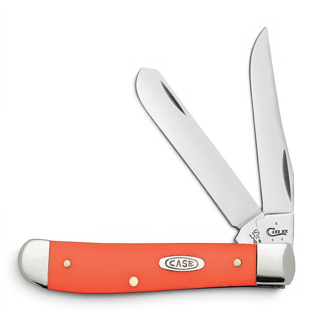 Razor Sharp AZ Case Smooth Orange Synthetic Mini Trapper pocket knife with two polished stainless steel blades.