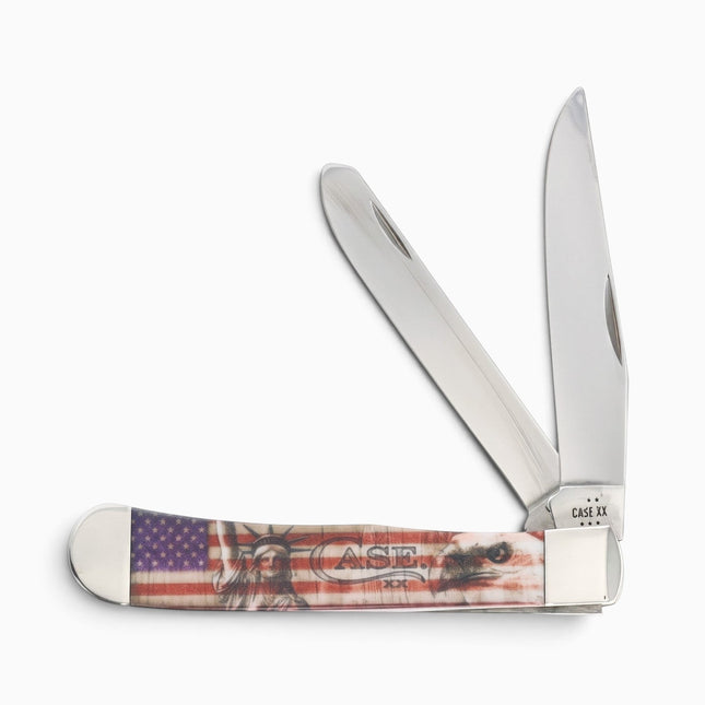 Razor Sharp AZ Case Patriotic Trapper pocket knife with Statue of Liberty, flag, and eagle design on synthetic handle