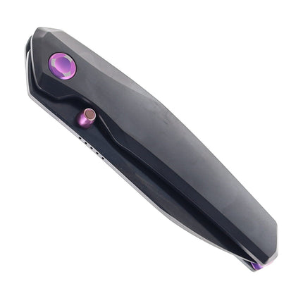 Razor Sharp AZ Poikilo Blade VK-Zen S3 folding knife with black DLC titanium handle and purple accents.