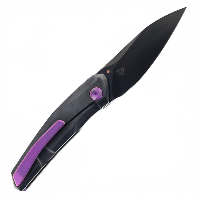 Razor Sharp AZ Poikilo Blade VK-Zen S3 folding knife with black DLC titanium handle, M398 steel, and purple accents.