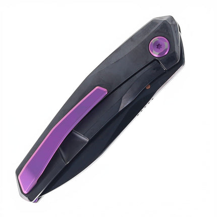 Razor Sharp AZ Poikilo Blade VK-Zen S3 folding knife with black DLC titanium handle and purple accents.
