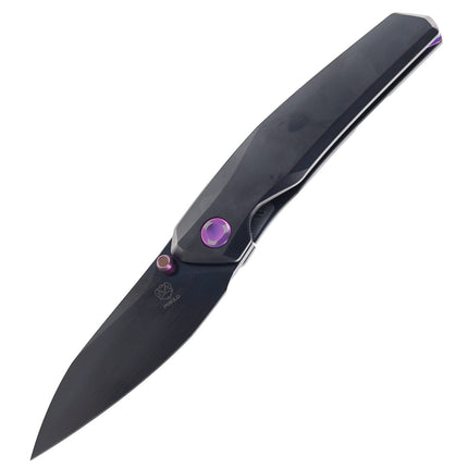 Razor Sharp AZ Poikilo Blade VK-Zen S3 folding knife with black DLC titanium handle, M398 steel blade, and purple accents
