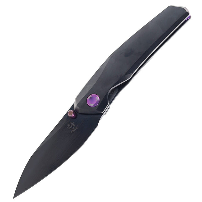 Razor Sharp AZ Poikilo Blade VK-Zen S3 folding knife with black DLC titanium handle, M398 steel blade, and purple accents