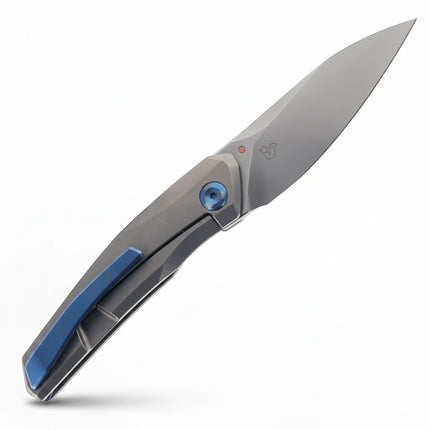 Razor Sharp AZ Poikilo Blade VK-Zen S1 folding knife with pearlescent stonewashed titanium handle and M398 steel blade.