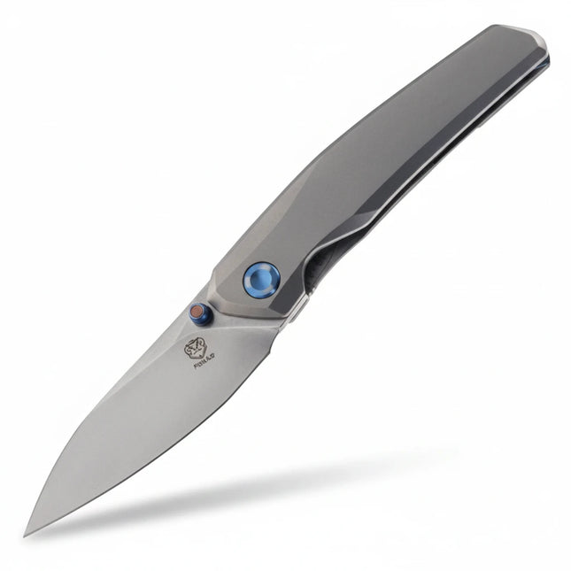 Razor Sharp AZ Poikilo Blade VK-Zen S1 folding knife with pearlescent stonewashed titanium handle and M398 steel blade