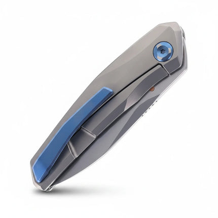 Razor Sharp AZ Poikilo Blade VK-Zen folding knife with pearlescent stonewashed titanium handle and blue accents.