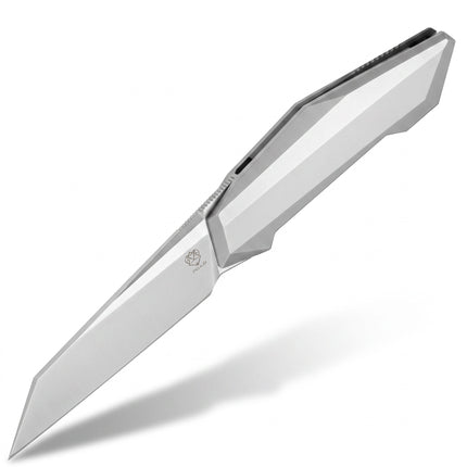Razor Sharp AZ Poikilo Blades Prism folding knife with a titanium handle and pearlescent stonewash reverse tanto blade