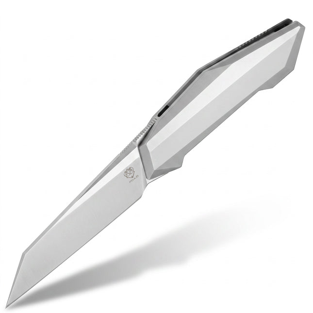 Razor Sharp AZ Poikilo Blades Prism folding knife with a titanium handle and pearlescent stonewash reverse tanto blade