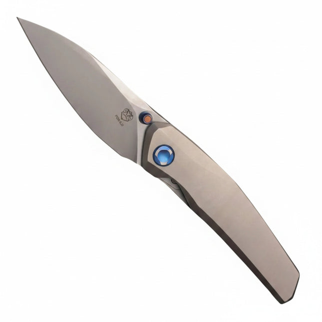 Razor Sharp AZ Poikilo Blade VK-Zen S1 folding knife with pearlescent stonewashed titanium handle and M398 drop point