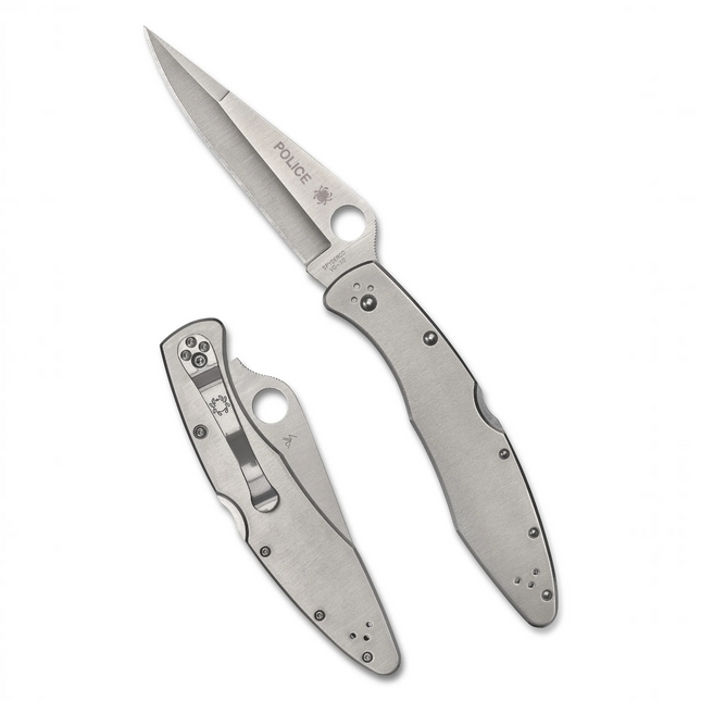Razor Sharp AZ Police stainless steel folding knife with a plain edge blade shown open and closed.