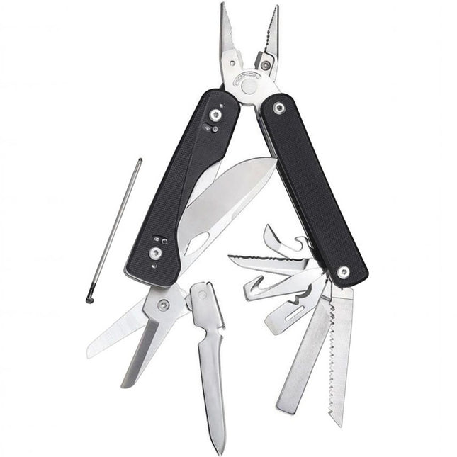 Razor Sharp AZ Roxon Flex Titan 16-in-1 modular multitool with black G10 handles and various stainless steel implements