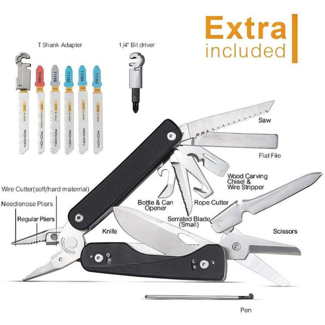 Razor Sharp AZ Roxon Flex Titan 16-in-1 modular multitool with black G10 handles and various interchangeable implements.