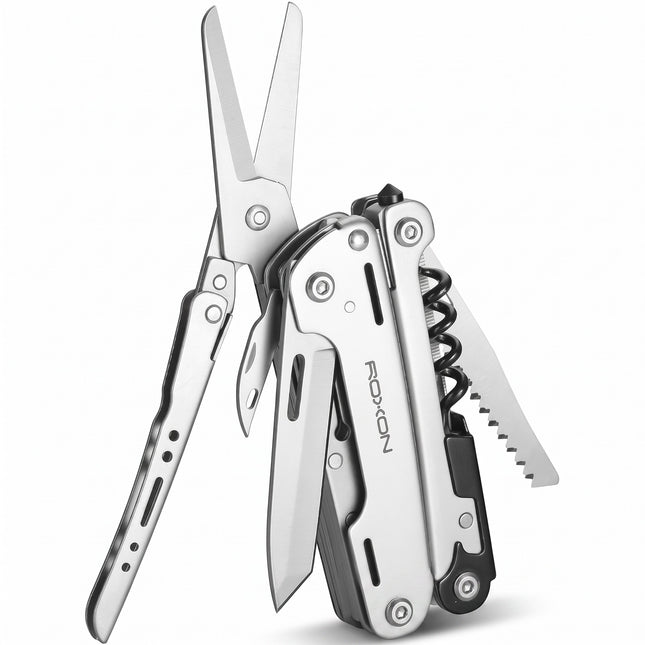 Razor Sharp AZ Roxon S801S Storm 19-in-1 stainless steel multitool with extended scissors, blade, and corkscrew.