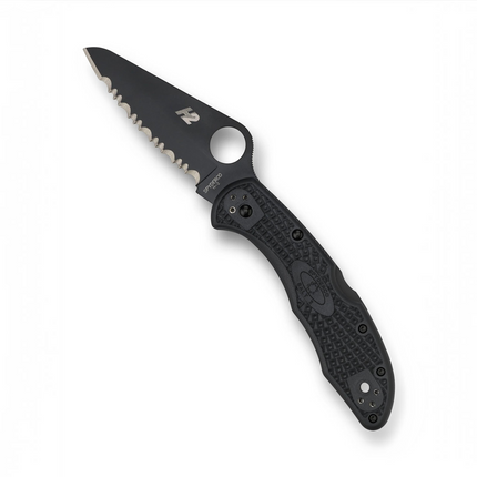 Razor Sharp AZ Salt 2 folding knife with a black serrated H-2 steel blade and textured black FRN handle.