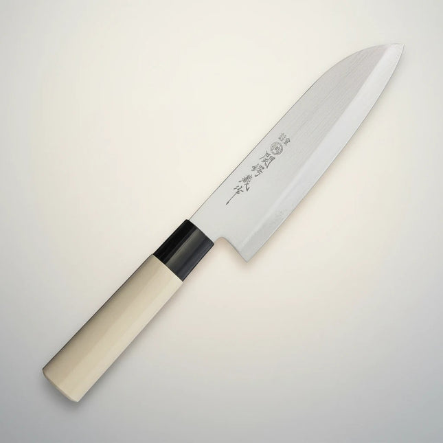 Razor Sharp AZ Due Cigni Santoku knife with 6.75-inch stainless steel blade and light wood handle.