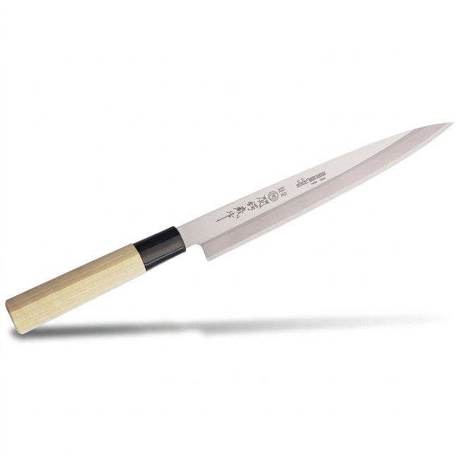 Razor Sharp AZ 8.25-inch stainless steel sashimi knife with a natural maple wood handle and black trim.