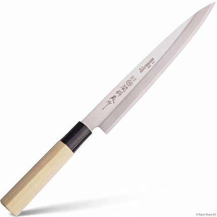 Razor Sharp AZ 8.25-inch sashimi knife with a long stainless steel blade and a natural maple wood handle.