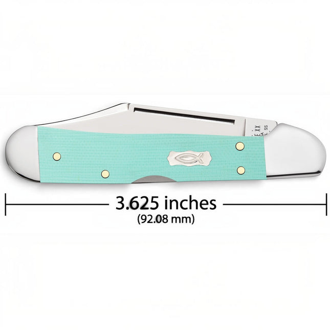 Razor Sharp AZ Case Mini CopperLock pocket knife with seafoam green G-10 handle, Ichthus shield, and polished blade.