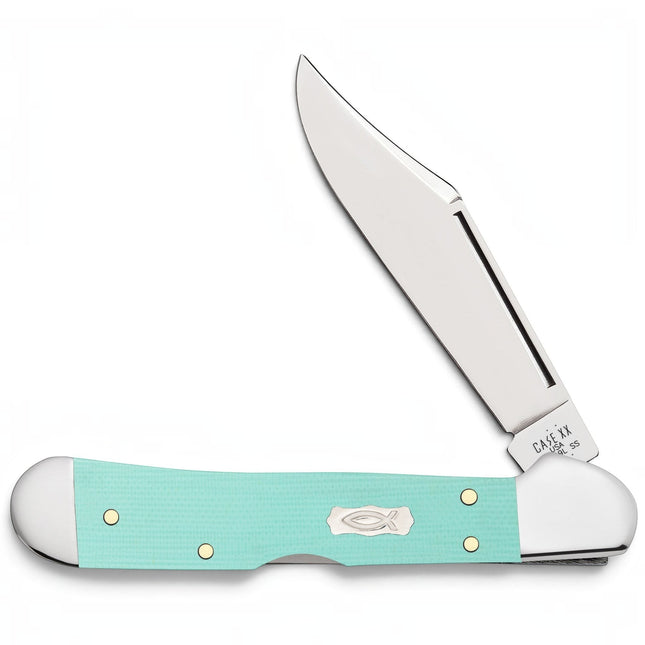 Razor Sharp AZ Case Mini CopperLock pocket knife with a seafoam green G-10 handle and polished stainless steel blade