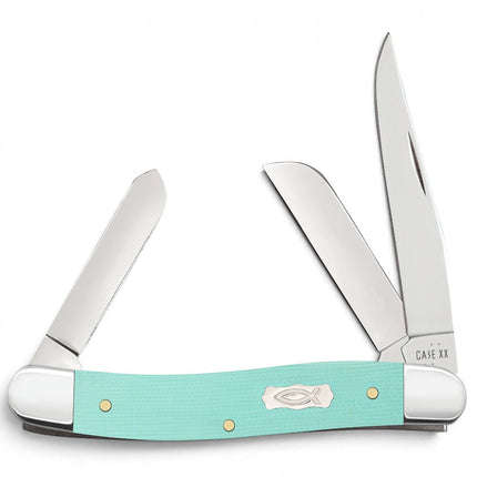 Razor Sharp AZ Case Medium Stockman pocket knife with seafoam green G-10 handles and Ichthus shield emblem