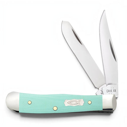 Razor Sharp AZ Case Tiny Trapper pocket knife with seafoam green G-10 handle, two stainless blades, and Ichthus shield