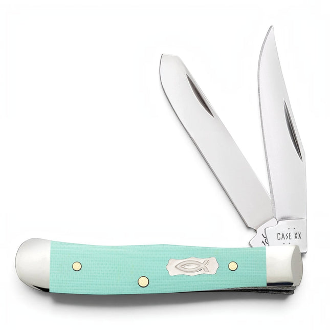 Razor Sharp AZ Case Tiny Trapper pocket knife with seafoam green G-10 handle, two stainless blades, and Ichthus shield