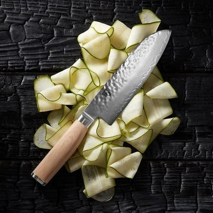 Razor Sharp AZ Shun Premier Blonde 7-inch Santoku knife with hammered tsuchime blade and blonde walnut PakkaWood handle