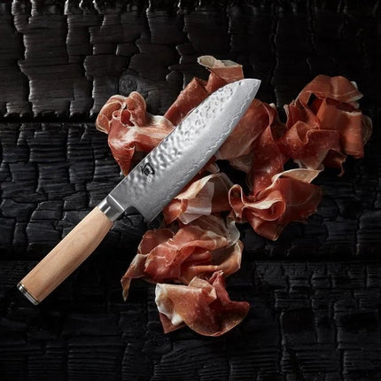 Razor Sharp AZ Shun Premier Blonde 7-inch Santoku knife with hammered tsuchime blade and blonde PakkaWood handle
