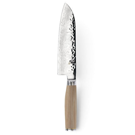 Razor Sharp AZ Shun Premier Blonde 7-inch Santoku knife with a hammered tsuchime steel blade and blonde wood handle.