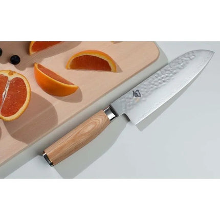 Razor Sharp AZ Shun Premier Blonde 7-inch Santoku knife with hammered steel blade and blonde walnut PakkaWood handle.