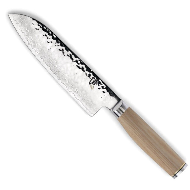 Razor Sharp AZ Shun Premier Blonde 7-inch Santoku knife with a hammered tsuchime steel blade and blonde wood handle.