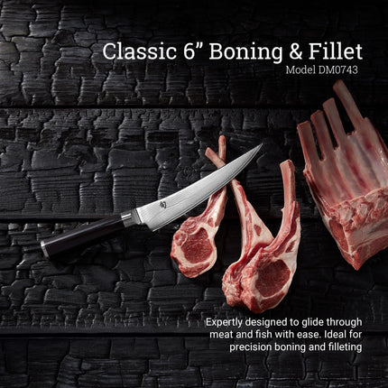 Razor Sharp AZ Shun Classic 6-inch boning and fillet knife with Damascus steel blade and ebony handle next to lamb chops