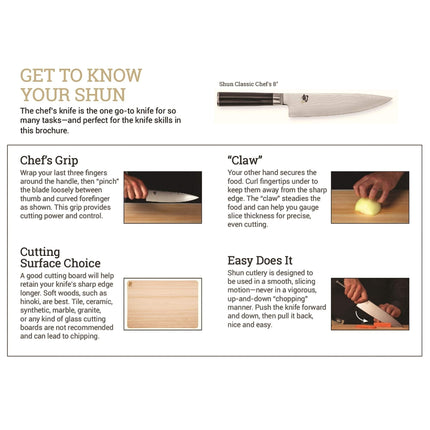 Razor Sharp AZ instructional guide for Shun Classic chef knife techniques including grip and cutting methods
