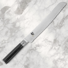 Razor Sharp AZ Shun Classic 9-inch bread knife with serrated Damascus steel blade and black ebony PakkaWood handle.
