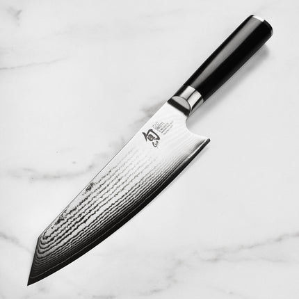 Razor Sharp AZ Shun Classic 8" Kiritsuke Knife with Damascus blade and D-shaped ebony handle. Japanese chef's knife for slicing, dicing, and push-cuts.