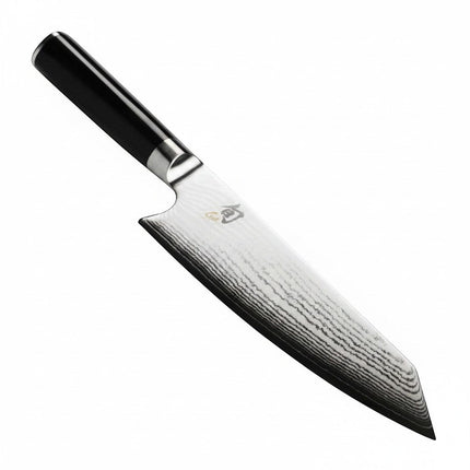 Razor Sharp AZ Shun Classic 8" Kiritsuke Knife with Damascus blade and D-shaped ebony PakkaWood handle.