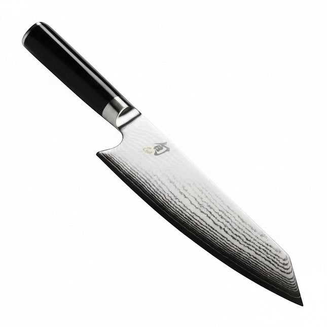 Razor Sharp AZ Shun Classic 8" Kiritsuke Knife with Damascus blade and D-shaped ebony PakkaWood handle.