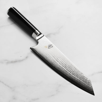 Razor Sharp AZ Shun Classic 8" Kiritsuke Knife with Damascus blade and black PakkaWood handle. Ideal for slicing, push-cuts, julienne, and dicing.