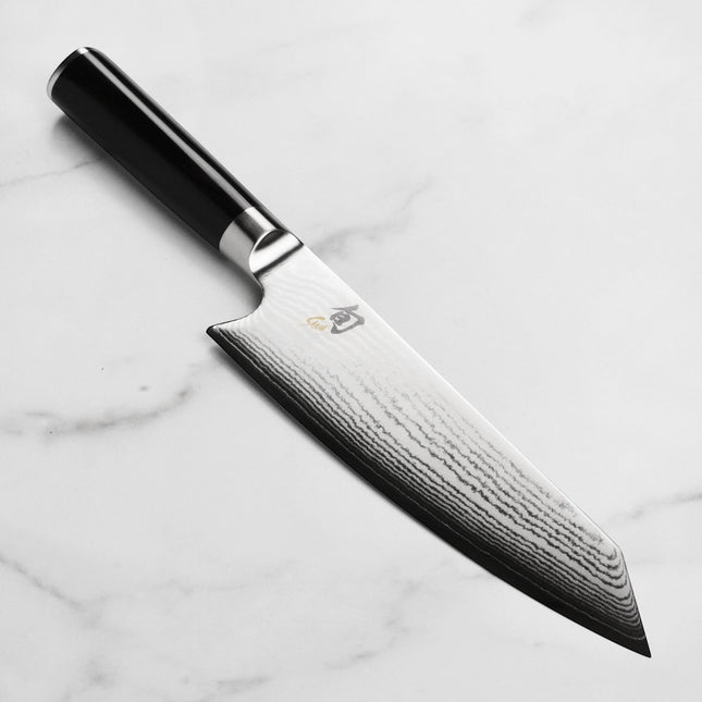 Razor Sharp AZ Shun Classic 8" Kiritsuke Knife with Damascus blade and black PakkaWood handle. Ideal for slicing, push-cuts, julienne, and dicing.