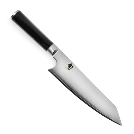 Razor Sharp AZ Shun Classic 8" Kiritsuke Knife with D-shaped ebony PakkaWood handle and Damascus-clad VG-MAX steel blade.