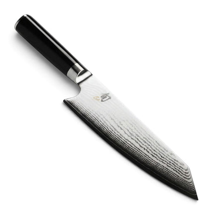 Razor Sharp AZ Shun Classic 8-inch Kiritsuke knife with a Damascus steel blade and black ebony PakkaWood handle.