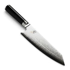 Razor Sharp AZ Shun Classic 8-inch Kiritsuke knife with a Damascus steel blade and black ebony PakkaWood handle.
